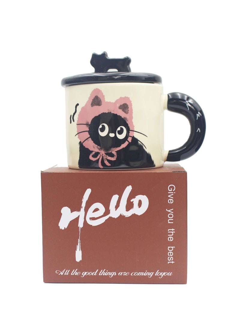 Ceramic Mug With Lid, Cute Little Black Cat, For Coffee Tea Cold Drinks, Microwave & Dishwasher Safe, 370Ml - Image 2