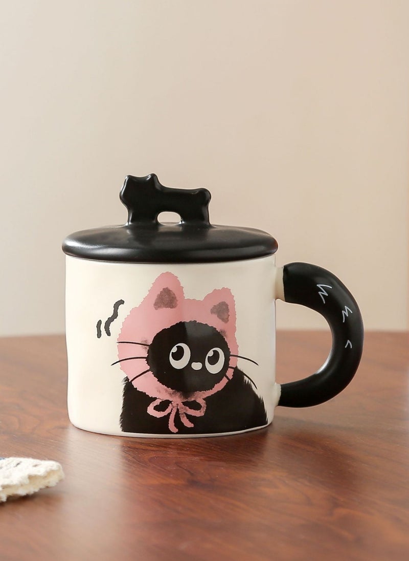 Ceramic Mug With Lid, Cute Little Black Cat, For Coffee Tea Cold Drinks, Microwave & Dishwasher Safe, 370Ml - Image 1