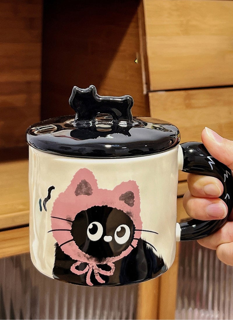 Ceramic Mug With Lid, Cute Little Black Cat, For Coffee Tea Cold Drinks, Microwave & Dishwasher Safe, 370Ml - Image 4