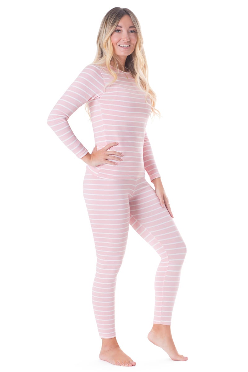 Rocky Thermal Underwear Women Long Johns Womens Thermals Top Bottom Set Fleece Lined Under Wear Clothes Base Layer Thermals, Medium, Pink Striped - Image 1