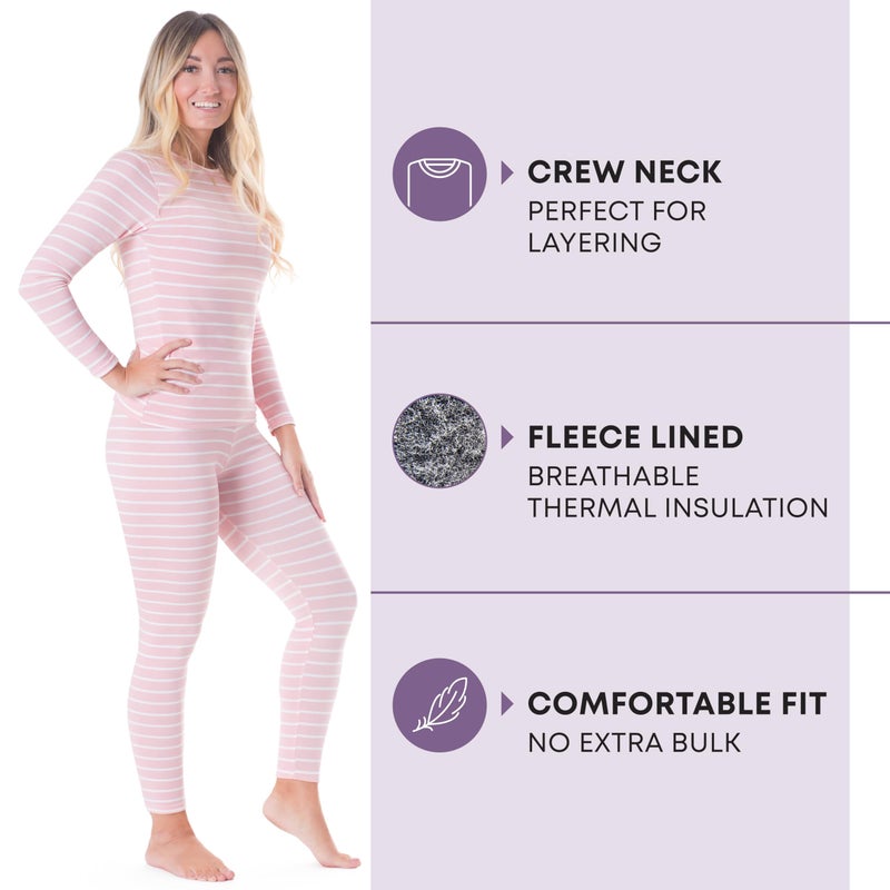Rocky Thermal Underwear Women Long Johns Womens Thermals Top Bottom Set Fleece Lined Under Wear Clothes Base Layer Thermals, Medium, Pink Striped - Image 2