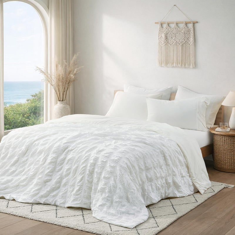 Cozy Bliss Queen Size Cooling Comforter - Seersucker Plaid, Q-Max 0.45, White