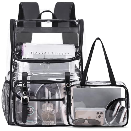 DIGOBAY Clear Backpack with Lunch Bag Set Leather Clear Backpack Heavy Duty Thick PVC Bookbag Large See Through Transparent Backpacks with Support Pad for Women Men College Work Black - Image 1