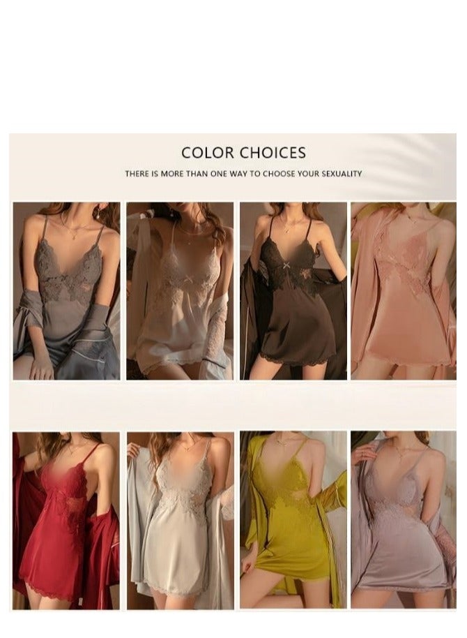 New Satin Lace Chest Cuhion Suspender Nightgown, Women's Lace Up Nightgown, Home Wear Four Piece S - Image 2