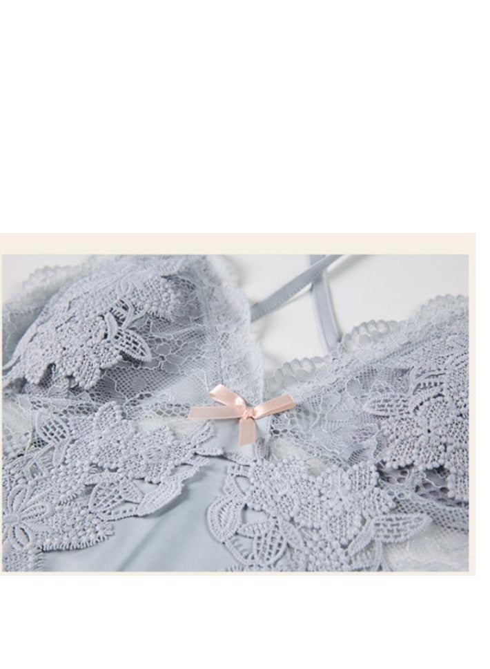 New Satin Lace Chest Cuhion Suspender Nightgown, Women's Lace Up Nightgown, Home Wear Four Piece S - Image 5