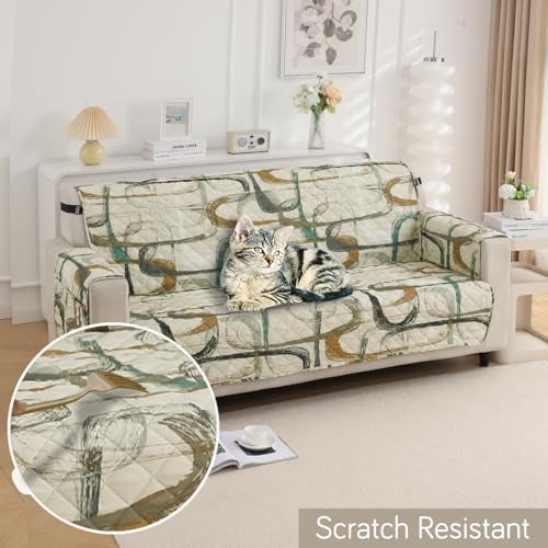 HOKIPO 'Elira Series' Polyester Blend Quilted Water Repellent + Waterproof + Quick Dry Sofa Cover Mat for 2 Seater Sofa with Pockets On Armrest Cover - Parchement Beige Abstract Art (AR-5239-C6) - Image 5