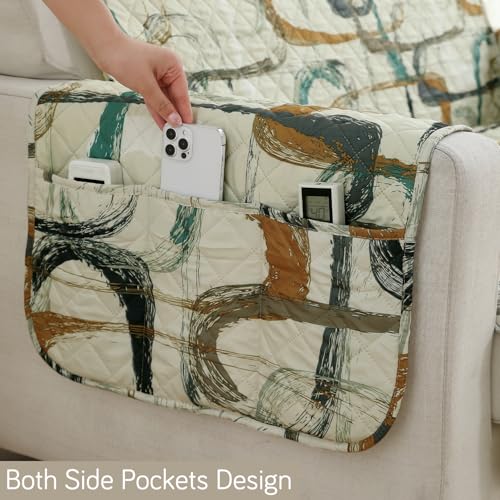 HOKIPO 'Elira Series' Polyester Blend Quilted Water Repellent + Waterproof + Quick Dry Sofa Cover Mat for 2 Seater Sofa with Pockets On Armrest Cover - Parchement Beige Abstract Art (AR-5239-C6) - Image 4