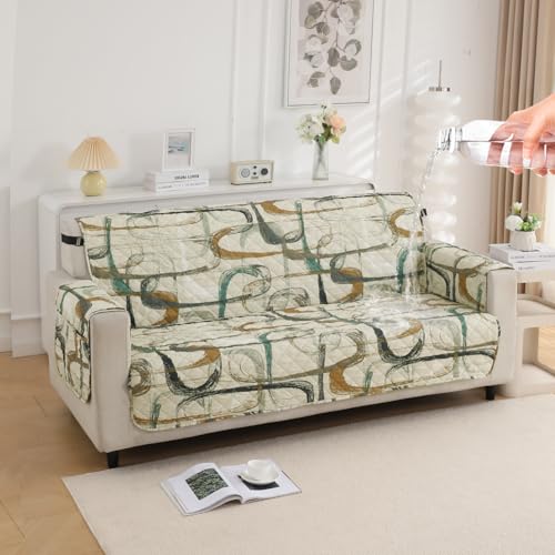 HOKIPO 'Elira Series' Polyester Blend Quilted Water Repellent + Waterproof + Quick Dry Sofa Cover Mat for 2 Seater Sofa with Pockets On Armrest Cover - Parchement Beige Abstract Art (AR-5239-C6) - Image 1