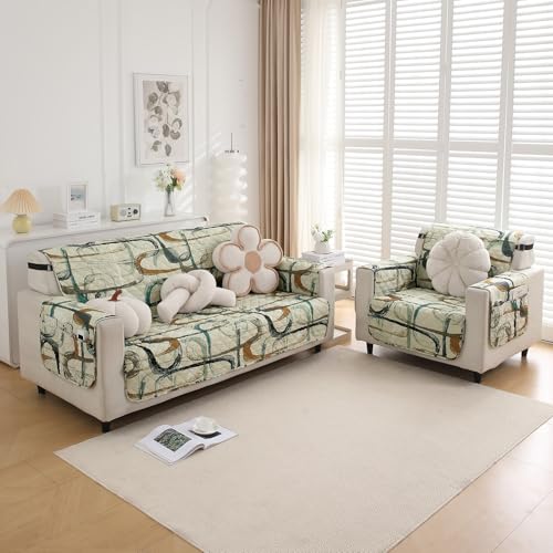 HOKIPO 'Elira Series' Polyester Blend Quilted Water Repellent + Waterproof + Quick Dry Sofa Cover Mat for 2 Seater Sofa with Pockets On Armrest Cover - Parchement Beige Abstract Art (AR-5239-C6) - Image 3