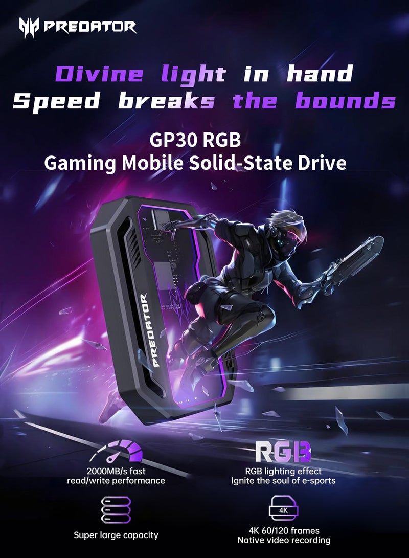 Predator SSD External Hard Drive 1TB Portable SSD, Solid State Drive, Featuring 7-color RGB lighting effects, 2000MB read/write speed per second, and an esports style mobile SSD - Image 2