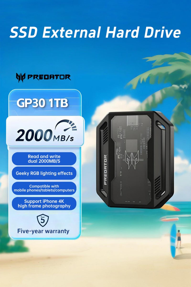 Predator SSD External Hard Drive 1TB Portable SSD, Solid State Drive, Featuring 7-color RGB lighting effects, 2000MB read/write speed per second, and an esports style mobile SSD - Image 1