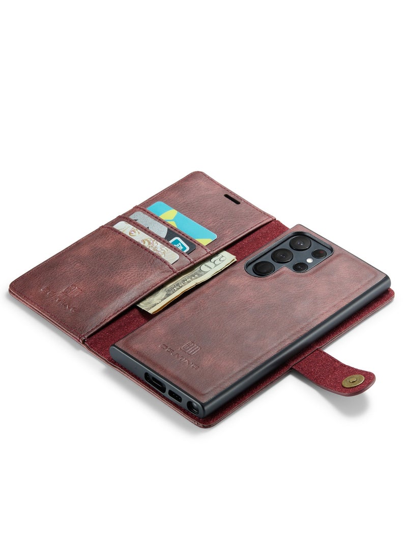 DGMING CaseMe Samsung Galaxy S23 Ultra 5G DG.MING Crazy Horse Texture Detachable Magnetic Leather Case - Red - Image 5