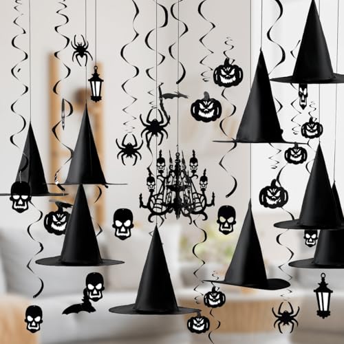 JOYIN 6pcs Hanging Witch Hats Halloween Decorations Indoor 21pcs Swirl Halloween Porch Decor Black Wall Decorations for Home Yard Porch Ceiling Ornaments Bat Spider Pumpkin Skull Ceiling Streamers - Image 1
