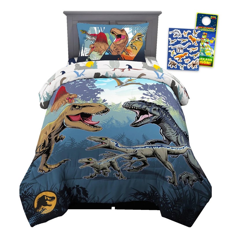 Jurassic World Bedding Set - Bundle with Dinosaur Bedspread for Twin Bed Plus Pillowcase, Stickers, More | Jurassic World Dinosaur Bedroom Decor for Boys - Image 1