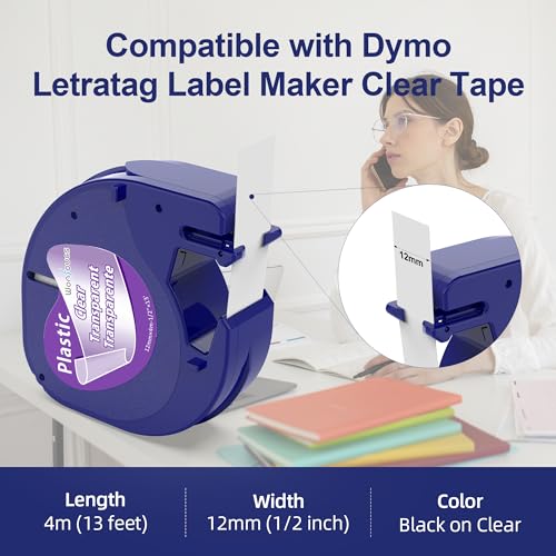 Wonfoucs Label Maker Clear Tape Replacement for Dymo Label Maker Refills Clear 1/2'' x 13', Compatible with Dymo Letratag Refills Transparent Plastic Tape Work with LT-100T LT-100H QX50, 4-Pack - Image 4