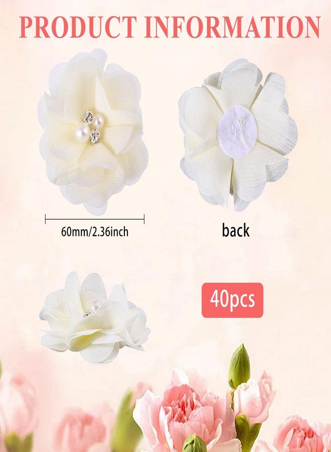 beinkmake 40Pcs Rhinestone Pearl Chiffon Flowers Sewing Fabric Appliques for Clothing DIY Hair Dressing Accessories for Women, Diameter 2.36 in, Light Yellow - Image 2