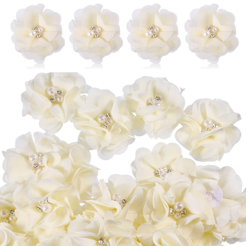 beinkmake 40Pcs Rhinestone Pearl Chiffon Flowers Sewing Fabric Appliques for Clothing DIY Hair Dressing Accessories for Women, Diameter 2.36 in, Light Yellow - Image 1
