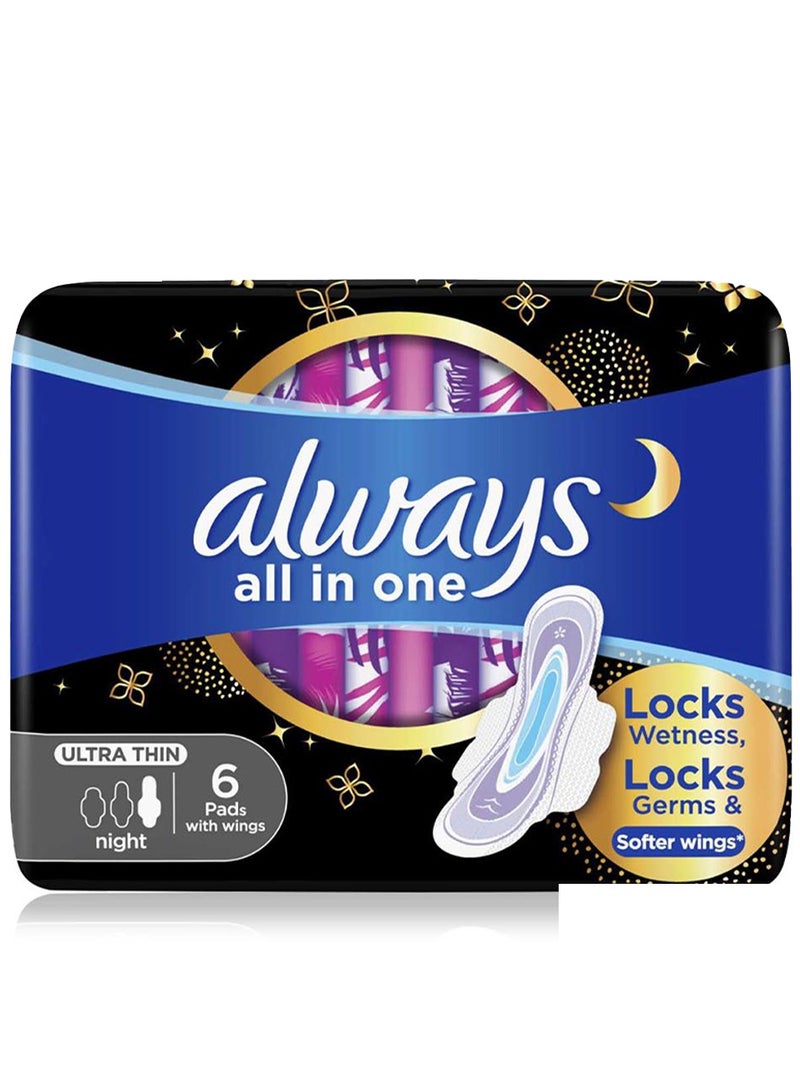 أولويز فوط صحية ليلية رفيعة للغاية بأجنحة، كل في واحد، 6 قطع - Image 1