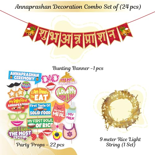 Wobbox Shubh Annaprashan Decoration Items Set which Includes Baby annaprashan Ceremony Props, Subh Annaprashan Banner, Rice Light Decoration, Rice Ceremony Decorations Items(27 Pcs Set)(FP5694) - Image 2