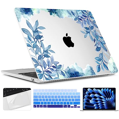 TWOLSKOO for MacBook Air 15 inch Case 2026 2025 2024 2023 Release M5 A3448 M4 A3241 M3 A3114 M2 A2941, Plastic Hard Shell & Screen Protector & Keyboard Cover & Trackpad Film, Blue Floral - Image 1