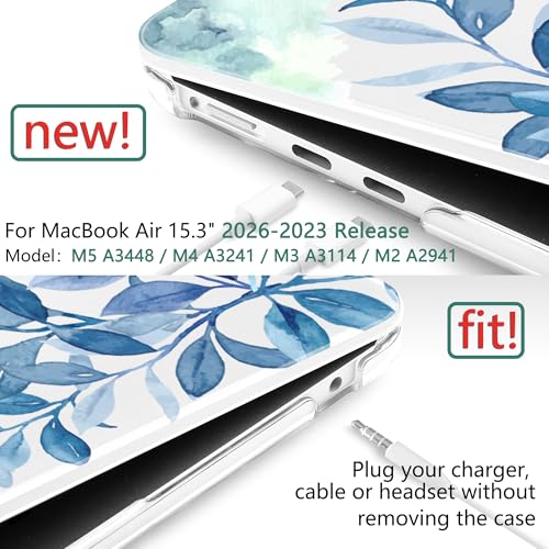 TWOLSKOO for MacBook Air 15 inch Case 2026 2025 2024 2023 Release M5 A3448 M4 A3241 M3 A3114 M2 A2941, Plastic Hard Shell & Screen Protector & Keyboard Cover & Trackpad Film, Blue Floral - Image 2