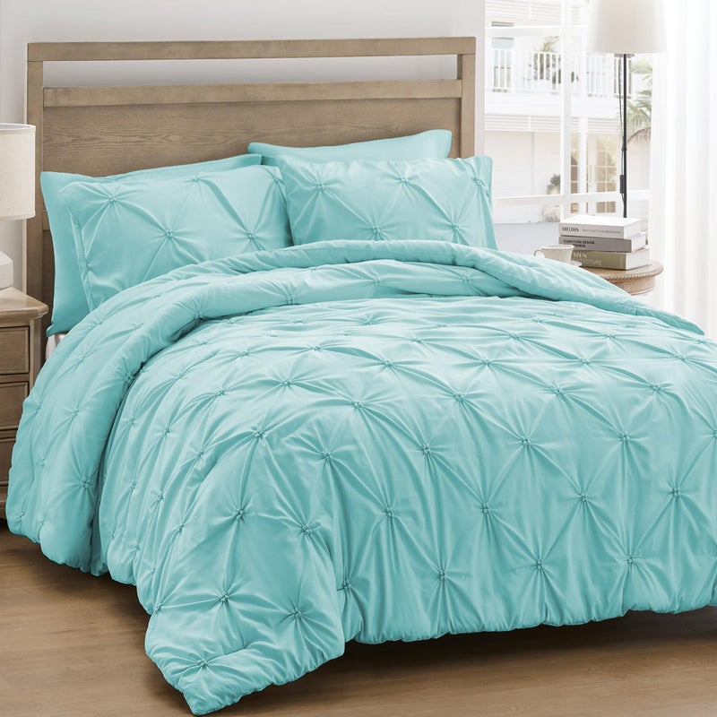 UNIKOME Queen Comforter Set Aqua Blue - Ultra Soft Boho Pintuck Down Alternative Bedding Set for All Seasons, 3 Pieces Lightweight Warm Pinch Pleat Bed Set with Comforter, 2 Pillowcases - Image 1