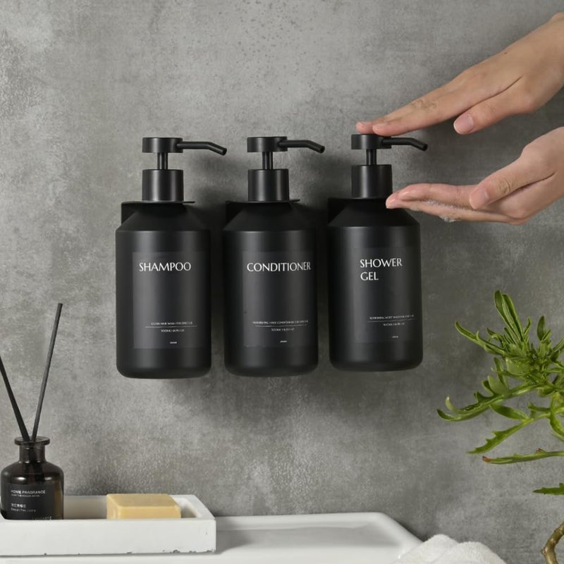 JANXIN Shampoo and Conditioner Dispenser Set of 3 for Wall Mount169 fl oz Drill Free Shower Soap Bottles with LabelsRefillable Body Wash Dispensers for Bathroom Decor Black Bottles Black Pumps - Image 3