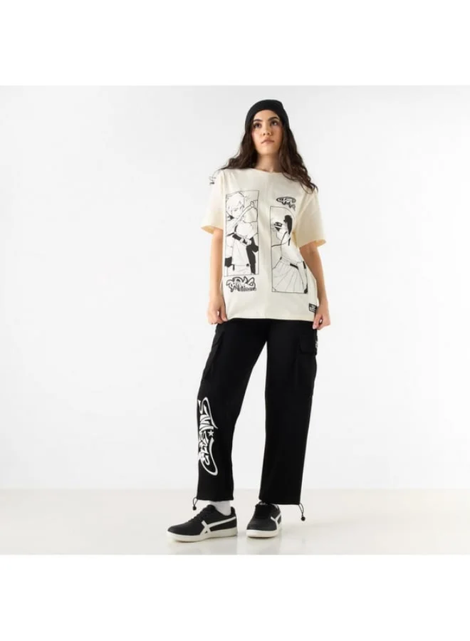 SP Characters Anime Print T-shirt with Crew Neck and Short Sleeves