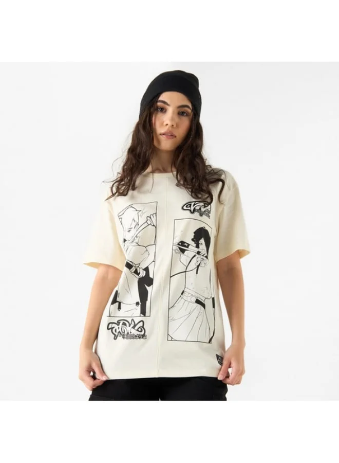 SP Characters Anime Print T-shirt with Crew Neck and Short Sleeves