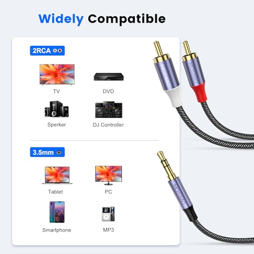 MOSWAG 35mm to RCA Cable 33ft1M 35 mm 18 to RCA 2 Male Headphone Jack Adapter Splitter Metal Shell Y Splitter Auxiliary Cord 18 Connector for SmartphonesMP3TabletsSpeakersHDTV - Image 3