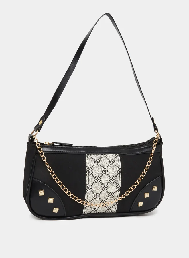 Styli Contrast Print Panelled Baguette Bag with Stud Detail