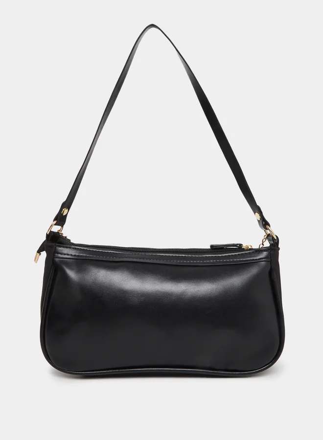 Styli Contrast Print Panelled Baguette Bag with Stud Detail