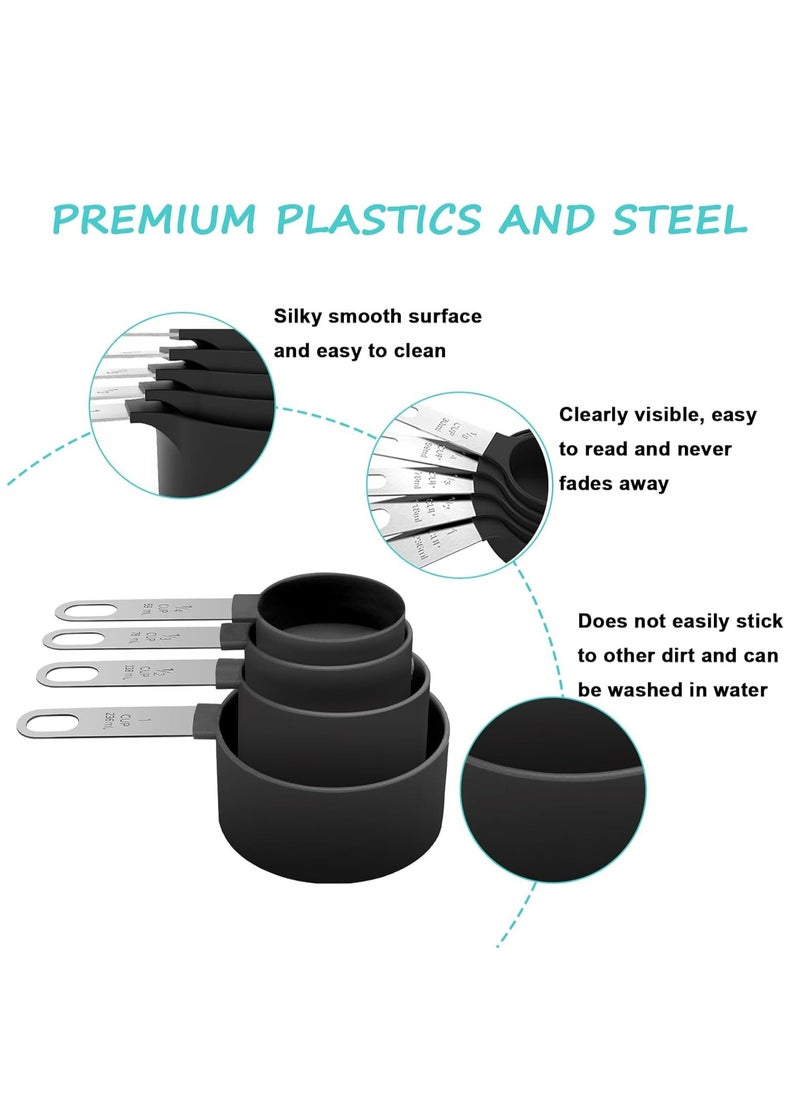 Oasisgalore - 8 Pcs Measuring Cups & Spoons Set,Nesting Measure Cups with Stainless Steel Handle (Black) - Image 1