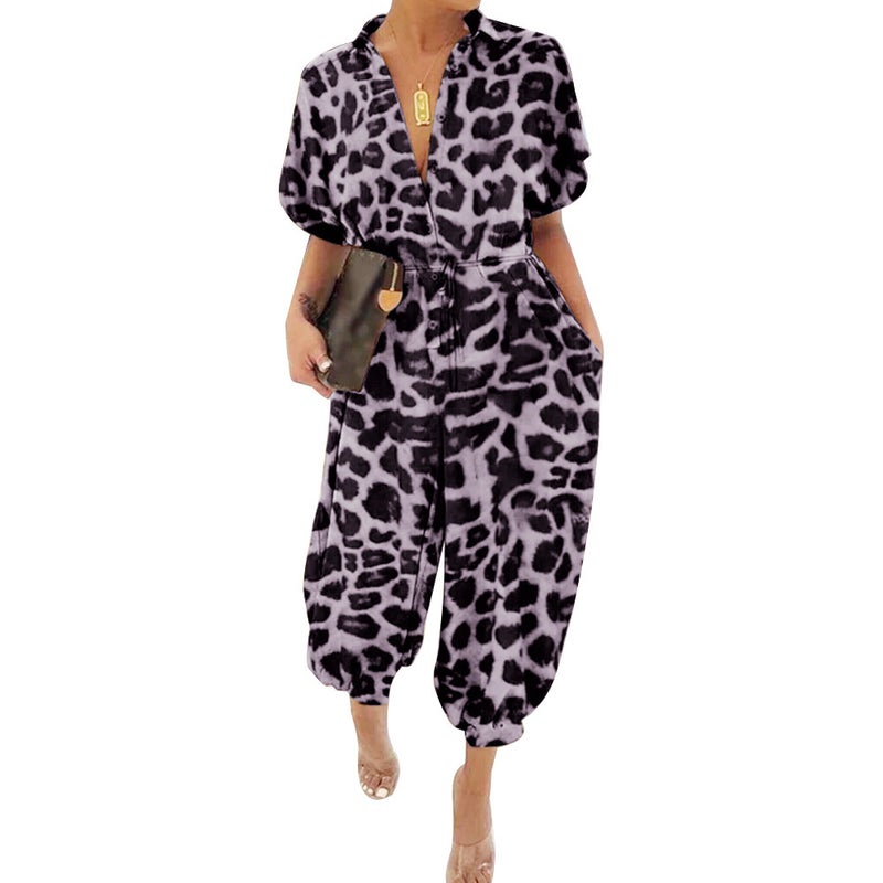 K8893 European and American leopard print strap lapel jumpsuit nightsuit Black Leopard Print 