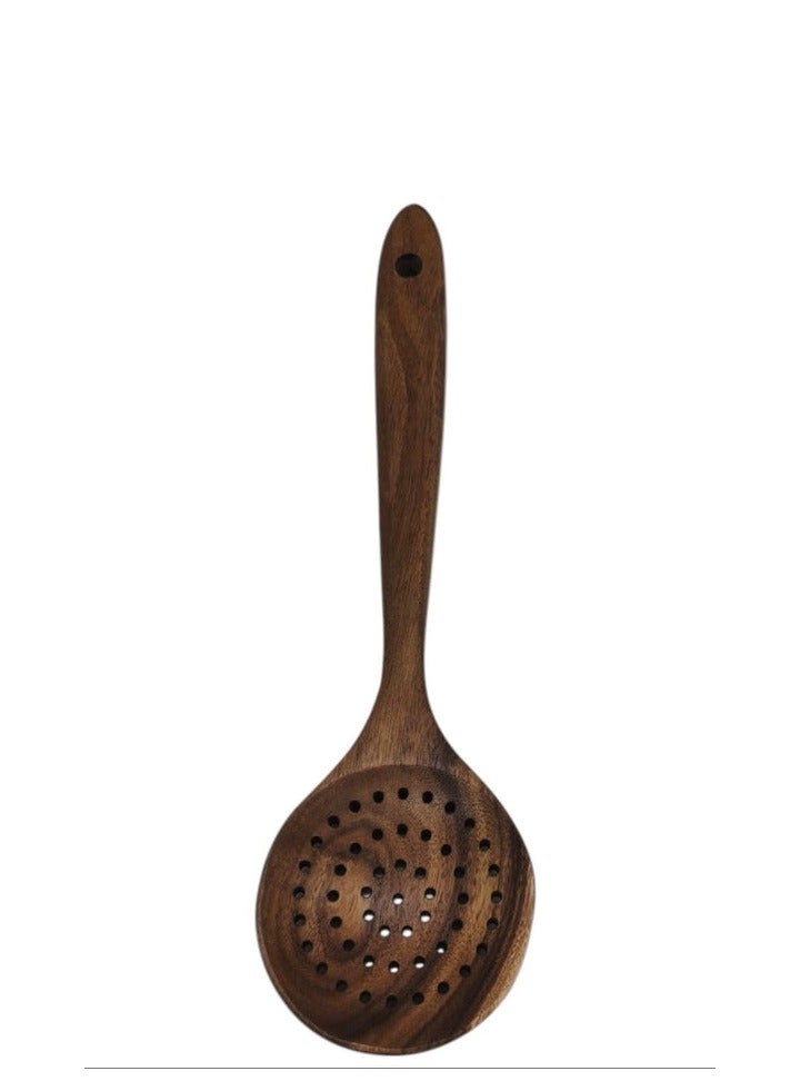AKDC WoodenSlotted Spoon Long Handle Skimmer Teak Kitchen-29cmX8cm - Image 1