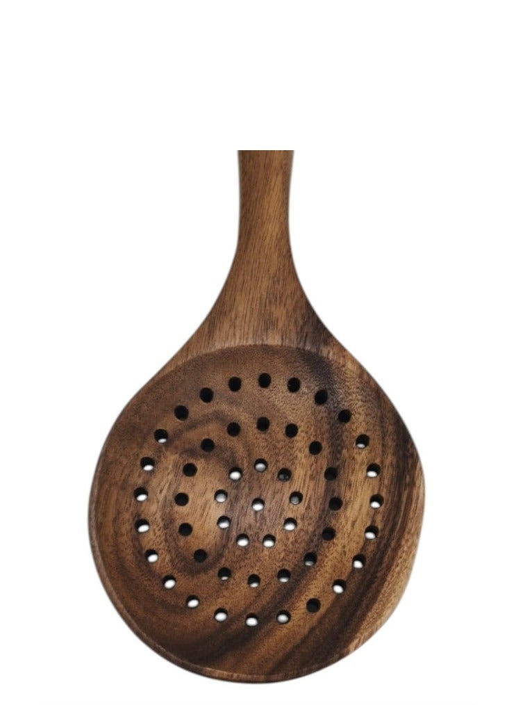 AKDC WoodenSlotted Spoon Long Handle Skimmer Teak Kitchen-29cmX8cm - Image 2
