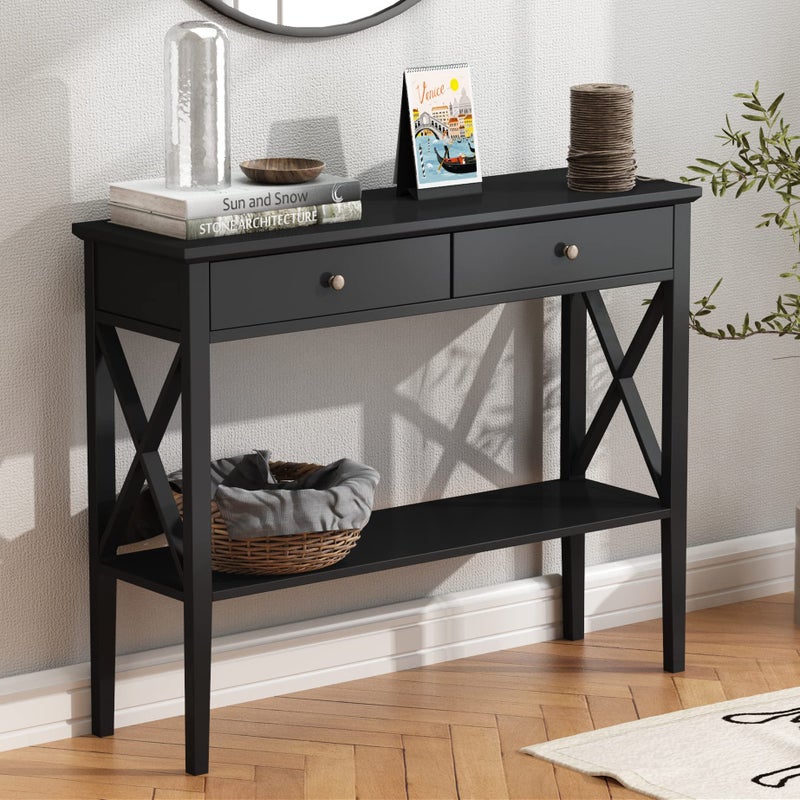 ChooChoo Console Table with Drawers Narrow Wood Accent Sofa Table Entryway Table with Storage Shelf for Entryway Front Hall Hallway Living Room Black