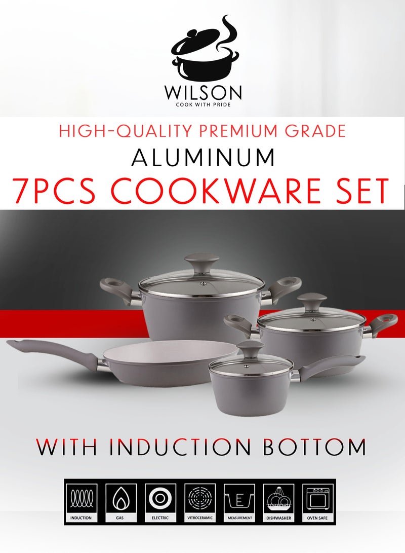 ويلسون طقم أواني طهي من الألومنيوم 7 قطع - قاعدة حثية، غير لاصقة، خالية من حمض PFOA، أوانٍ ومقالي مع أغطية لجميع أنواع المواقد. - Image 1