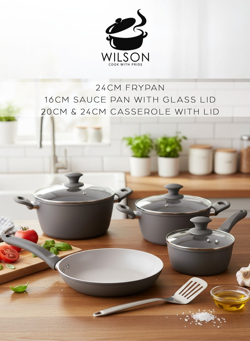 ويلسون طقم أواني طهي من الألومنيوم 7 قطع - قاعدة حثية، غير لاصقة، خالية من حمض PFOA، أوانٍ ومقالي مع أغطية لجميع أنواع المواقد. - Image 2