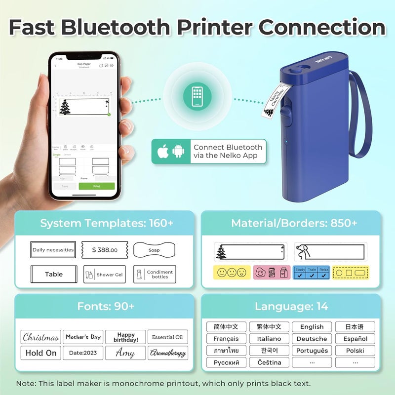 Nelko Label Maker Machine with Tape, P21 Bluetooth Label Printer, Wireless Mini Label Makers with Multiple Templates for School Office Home, Blue - Image 2