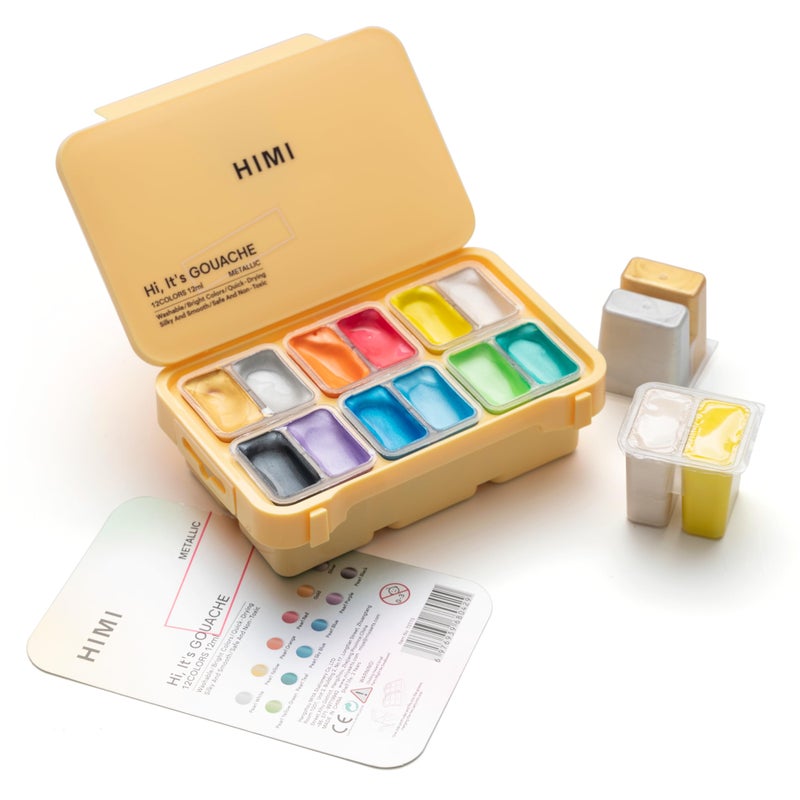 HIMI Metallic Jelly Gouache Paint Set, 12 Colors 12g, Jelly Cup Design, Travel carry, Gouache Paint Non Toxic for Canvas and Paper, Art Supplies for Professionals and Beginner - Image 1
