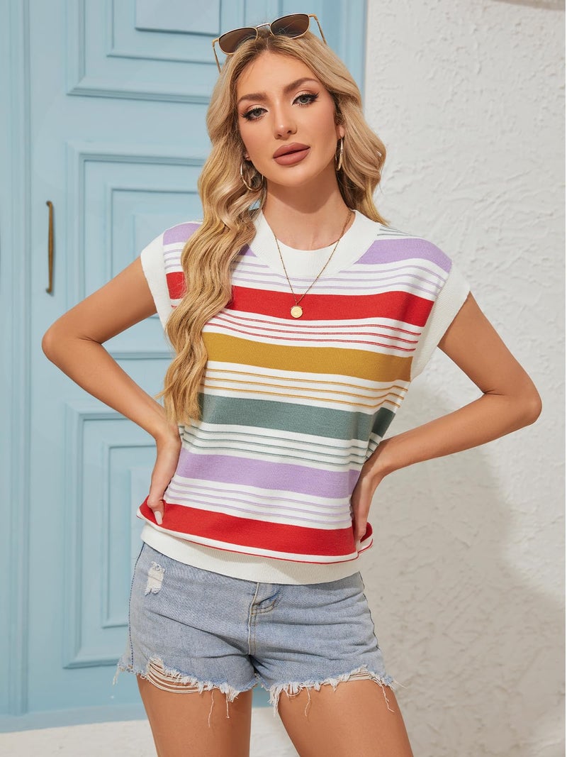 FireSwan Womens Cap Sleeve Sweater Vest Striped Color Block Loose Tank Tops Trendy Vacation Outfits Cute Summer Spring Top A-red - Image 2