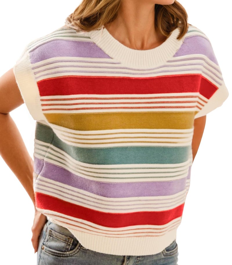 FireSwan Womens Cap Sleeve Sweater Vest Striped Color Block Loose Tank Tops Trendy Vacation Outfits Cute Summer Spring Top A-red - Image 1