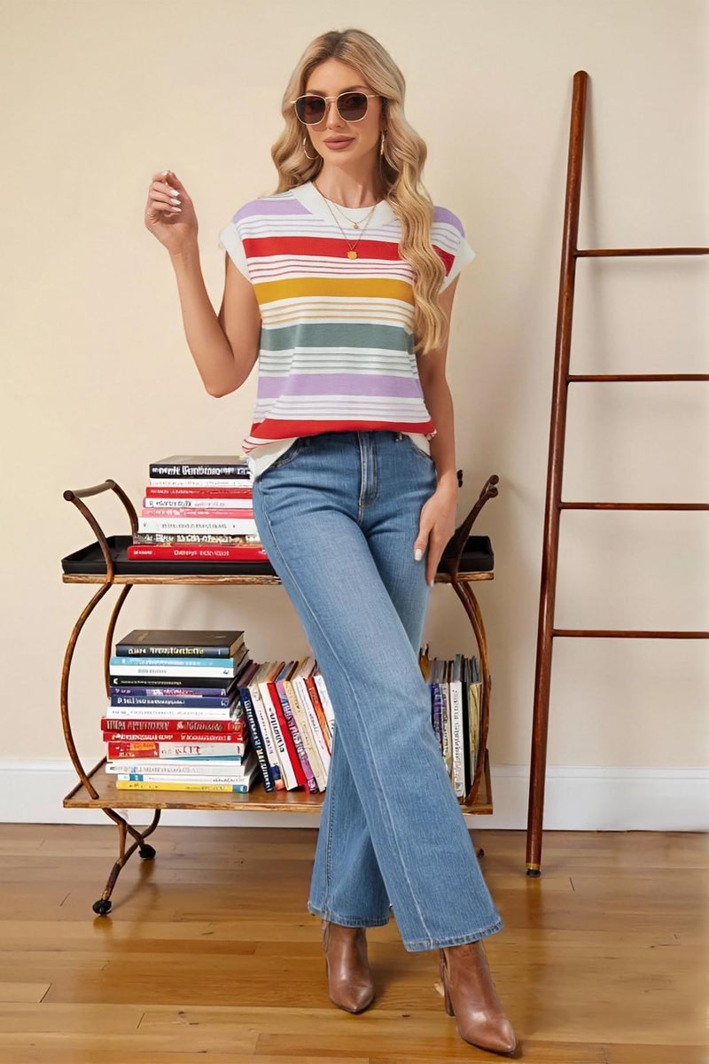 FireSwan Womens Cap Sleeve Sweater Vest Striped Color Block Loose Tank Tops Trendy Vacation Outfits Cute Summer Spring Top A-red - Image 5