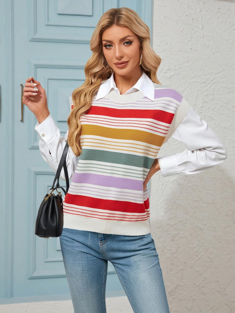 FireSwan Womens Cap Sleeve Sweater Vest Striped Color Block Loose Tank Tops Trendy Vacation Outfits Cute Summer Spring Top A-red - Image 3