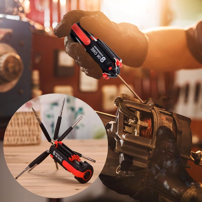 كلاراكو 8 مفكات براغي في أداة واحدة مع مصباح عمل ومصباح يدوي، مجموعة أدوات مفكات براغي محمولة متعددة الوظائف 8 في 1، مفكات براغي متعددة الكل في واحد أداة يدوية أداة إصلاح احترافية (أحمر) - Image 5