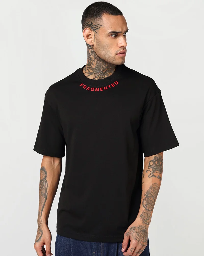 Men's Jet Black Divided Typography Oversized T-shirt