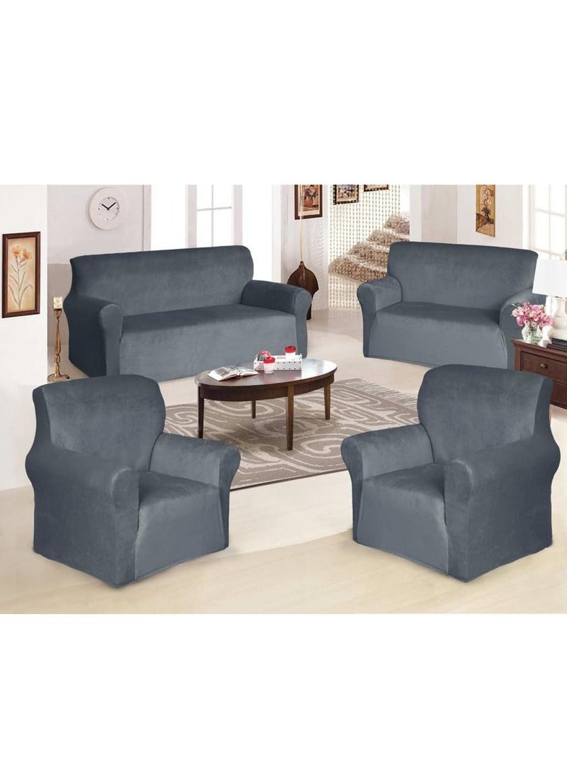 EVORY HOME Velvet non slip Super Stretchable Sofa Covers Set for Seven Seats of 4 Pieces in Dark Grey  - Image 1