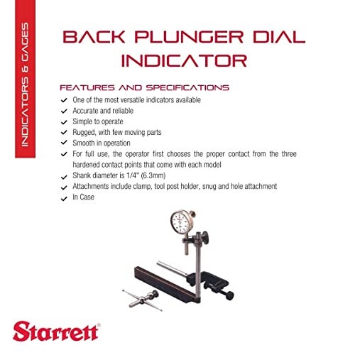 Starrett مجموعة مؤشر اختبار دial العالمي من ستاريت مع مكبس خلفي - وجه أبيض، قراءة 0-100، نطاق 0-0.2"، تخرج 0.001"، قطر عمود 1/4" للتثبيت - 196A1Z - Image 2