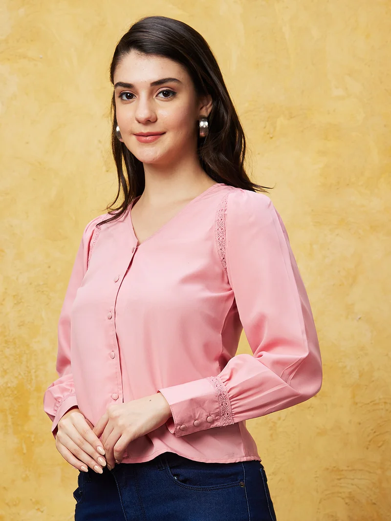 جلو باص Women Peach V-Neck Puff Sleeves Shirt Style Top
